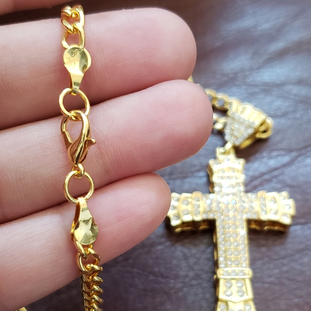 Gold Tone CZ Cross Pendant Necklace - Picture 4 of 6